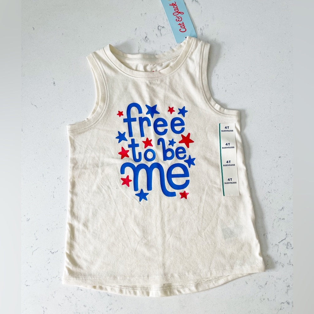 🔴 3 for $15 CAT & JACK Free To Be Me Patriotic Sleeveless Tank Top Shirt 4T NWT